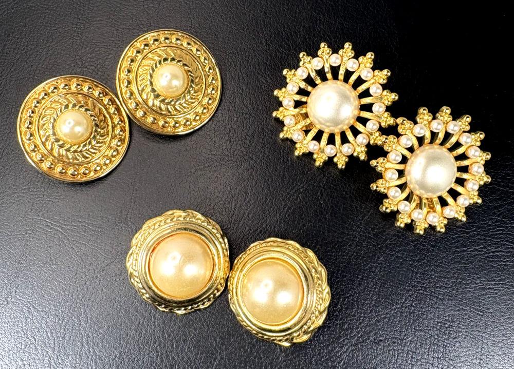 Vintage 1980s Statement Earrings Lot 3 Pairs Gold Tone Faux Pearl Retro Clip On